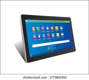 Tablet phone mobile of blue colored screen with icons isolated on while background