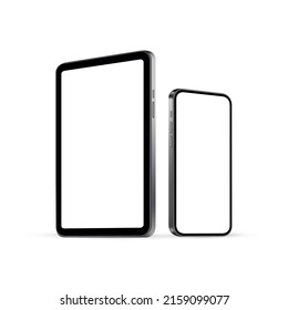 Tablet and Phone Mockup With Blank Screens, Side View, Isolated on White Background. Vector Illustration