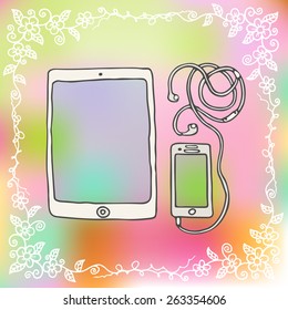 Tablet and phone on blurred background.