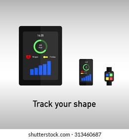 Tablet, phone and watch with app for fitness tracking