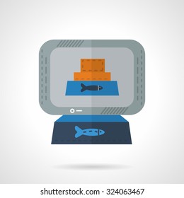 Tablet with photo of pet bowl with cat food. Flat color style vector icon. Elements of web design for business.