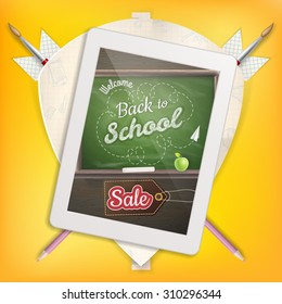 Tablet with a picture of a chalkboard with the sentence back to school written in it, on a rustic wooden desk with pencil different colors. EPS 10 vector file included