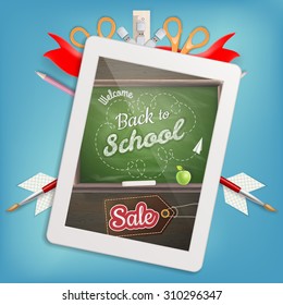 Tablet with a picture of a chalkboard with the sentence back to school written in it, on a rustic wooden desk with pencil different colors. EPS 10 vector file included