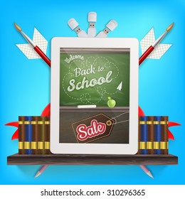 Tablet with a picture of a chalkboard with the sentence back to school written in it, on a rustic wooden desk with pencil different colors. EPS 10 vector file included