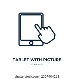 con icono de imagen de la colección de tecnología. Comprimido lineal delgado con imagen, tableta, icono de contorno de imagen aislado en fondo blanco. Comprimido vectorial de línea con signo de imagen, símbolo para web 