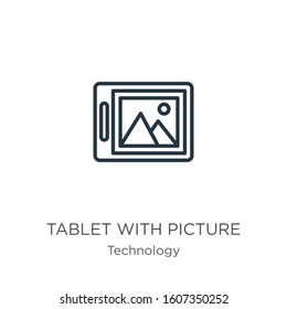 Tablet with picture icon. Thin linear tablet with picture outline icon isolated on white background from technology collection. Line vector sign, symbol for web and mobile