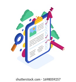 A tablet with a piece of paper, a test and a pencil, passing the knowledge exam and exam. Knowledge test.
Online education for website and mobile site.Landing page template.
Easy to edit and customize