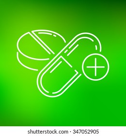 Tablet pill and capsule icon. Medication sign. Medicine symbol. Thin line icon on green background. Vector illustration.