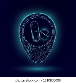 Tablet and pill on blue background. Abstract 3D vector wireframe illustration in the form of a starry sky or space, consisting of points, lines, and shapes in the form
