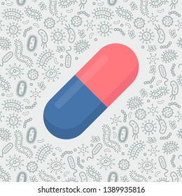 tablet pill protecting from virus, germs and bacteria. Flat style vector illustration. 
