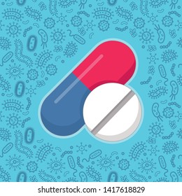 tablet pill protecting from virus, germs and bacteria. Flat style vector illustration. 

