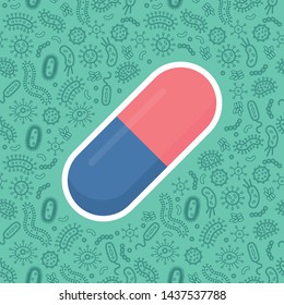 tablet pill protecting from virus, germs and bacteria. Green background. Flat style vector illustration. 