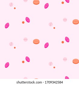 Tablet pill seamless vector pattern. Flat style pink colors medicine background.