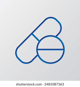 Tablet and pill simple icon vector. Flat design. Paper cut design. Cutted blue symbol with shadow. Gray background.ai