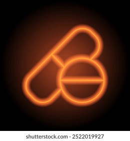 Tablet and pill simple icon vector. Flat design. Orange neon on black background.ai