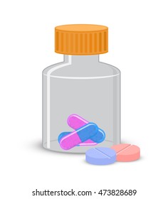 Tablet and pills in bottle, med vector illustration