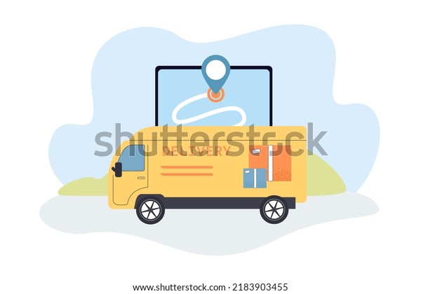Tablet with\
pin on map and delivery car flat vector illustration.\
Transportation, delivery service, commerce, shopping concept for\
banner, website design or landing web\
page
