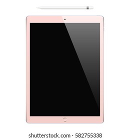 tablet pink color with black touch screen and stylus top view isolated on white background. realistic and detailed device mockup. stock vector illustration