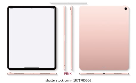 tablet pink color with blank touch screen saver and stylus top view isolated on white background. flat lay mockup of realistic and detailed device. stock vector illustration