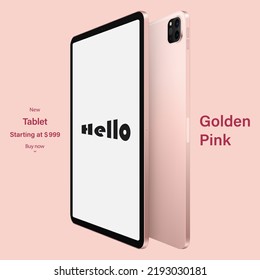 tablet pink color with blank touch screen saver and backside view isolated on pink background. mockup of realistic and detailed device. vector 3d isometric illustration