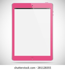 tablet pink color with blank touch screen and flare isolated on grey background. detailed and realistic device mockup. stock vector illustration