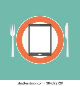 Tablet with a plate and fork and knife. Business concept
