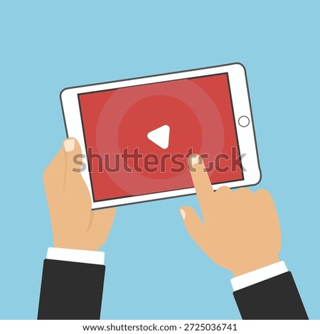 Tablet with play button. Hands holding phone and touching play button. Concept of video, audio, internet and games.