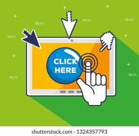 tablet with pointer arrow and hand click cursor