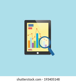 A Tablet with Presentation in graph also decorate with a magnifying glass. Perfect for business presentation or technology and finance news 