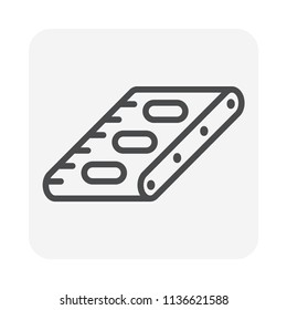 Tablet pressing process in pharmaceutical, nutraceutical, cleaning product, supplement, industrial pellet and cosmetic manufacturing industry vector icon. Consist of tablet on conveyor production line