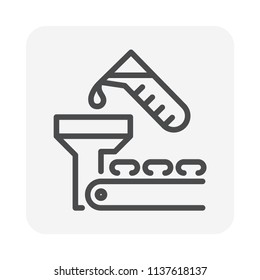 Tablet pressing process in pharmaceutical, nutraceutical, cleaning product and supplement manufacturing industry vector icon. Consist of chemical drop, machine and tablet on conveyor production line.