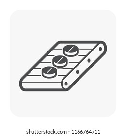 Tablet pressing process in pharmaceutical, nutraceutical, cleaning product, supplement, industrial pellet and cosmetic manufacturing industry vector icon. Consist of tablet on conveyor production line