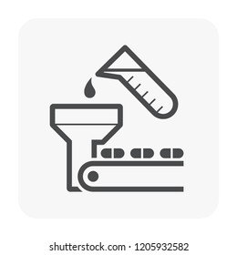 Tablet Pressing Process In Pharmaceutical, Nutraceutical, Cleaning Product And Supplement Manufacturing Industry Vector Icon. Consist Of Chemical Drop, Machine And Tablet On Conveyor Production Line.