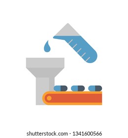 Tablet pressing process in pharmaceutical, nutraceutical, cleaning product and supplement manufacturing industry vector icon. Consist of chemical drop, machine and tablet on conveyor production line.