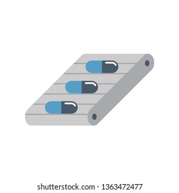 Tablet pressing process in pharmaceutical, nutraceutical, cleaning product, supplement, industrial pellet and cosmetic manufacturing industry vector icon. Consist of tablet on conveyor production line