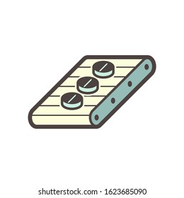 Tablet pressing process in pharmaceutical, nutraceutical, cleaning product, supplement, industrial pellet and cosmetic manufacturing industry vector icon. Consist of tablet on conveyor production line