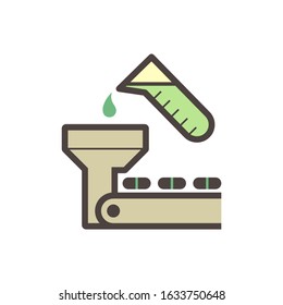 Tablet pressing process in pharmaceutical, nutraceutical, cleaning product and supplement manufacturing industry vector icon. Consist of chemical drop, machine and tablet on conveyor production line.