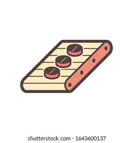 Tablet pressing process in pharmaceutical, nutraceutical, cleaning product, supplement, industrial pellet and cosmetic manufacturing industry vector icon. Consist of tablet on conveyor production line