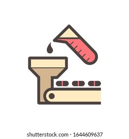 Tablet pressing process in pharmaceutical, nutraceutical, cleaning product and supplement manufacturing industry vector icon. Consist of chemical drop, machine and tablet on conveyor production line.