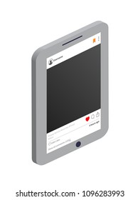 Tablet and profile in device screen, social network or personal page of user, application interface, vector illustration isolated on white.