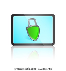 Tablet with Protection Shield Sign on Blue Screen