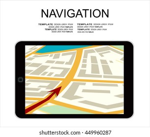 Tablet ps with city map gps navigator on screen. Mobile navigation path on the road in city. Flat vector illustration.