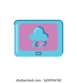 tablet with rainy cloud icon over white background, flat style, vector illustration
