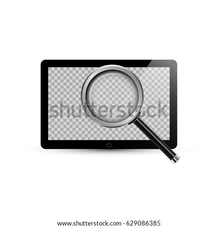 Tablet and Realistic Magnifying glass. Vector illustration. Touchpad with transparent screen for your image.3d vector mock up.Analytics, search, discovery, examine, study concept.Isolated on white.