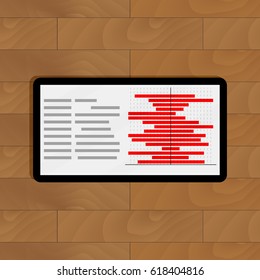 Tablet with red chart info. Annual info progress on display, vector illustration