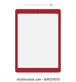 tablet red color with blank touch screen and stylus isolated on white background. realistic and detailed device mockup. stock vector illustration