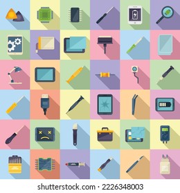 Iconos de reparación de tableta establecen un vector plano. Rompe la cabeza. Reparar reparación