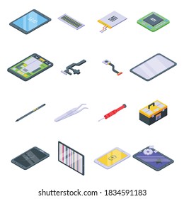 Tablet repair icons set. Isometric set of tablet repair vector icons for web design isolated on white background