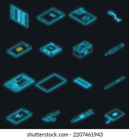 Tablet repair icons set. Isometric set of tablet repair vector icons neon color on black