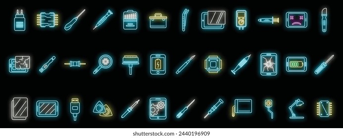 Tablet repair icons set outline vector. Break head. Fix repair neon color isolated